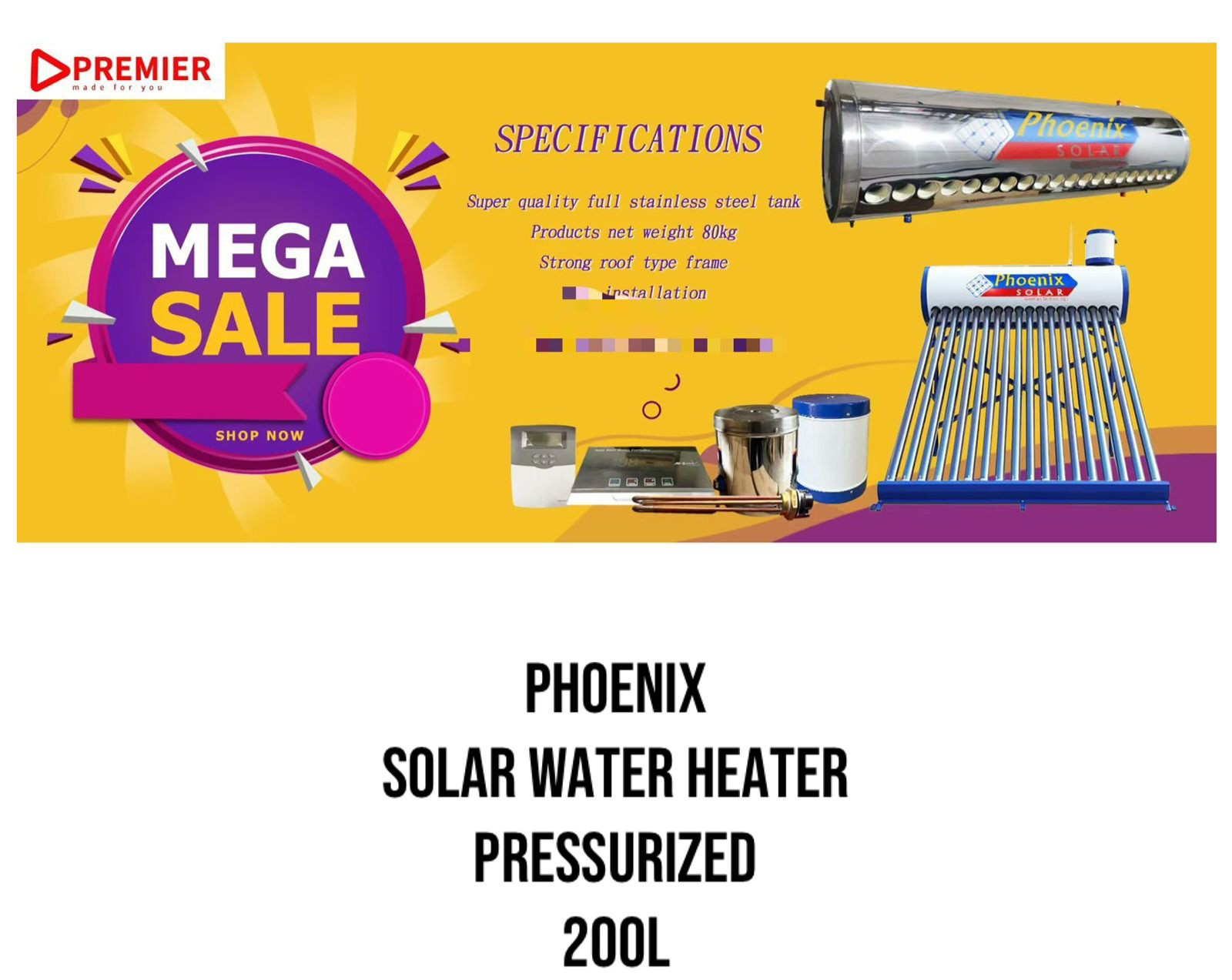 Phoenix Solar Water Heater 200L Pressurized
