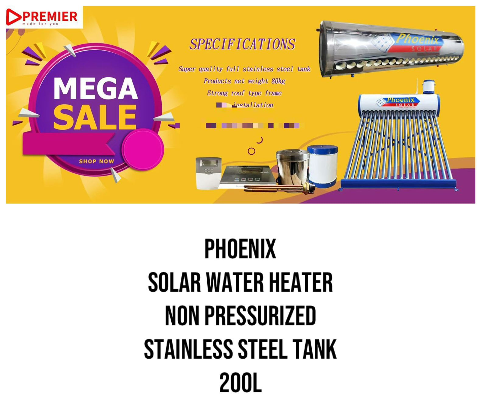 Phoenix Solar Water heater Non-pressurized 200L