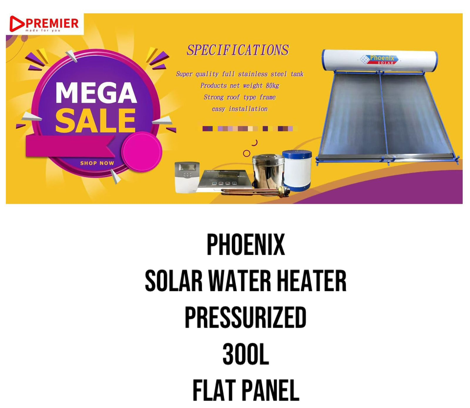 Phoenix Solar Water heater Pressurized Flat panel 300L